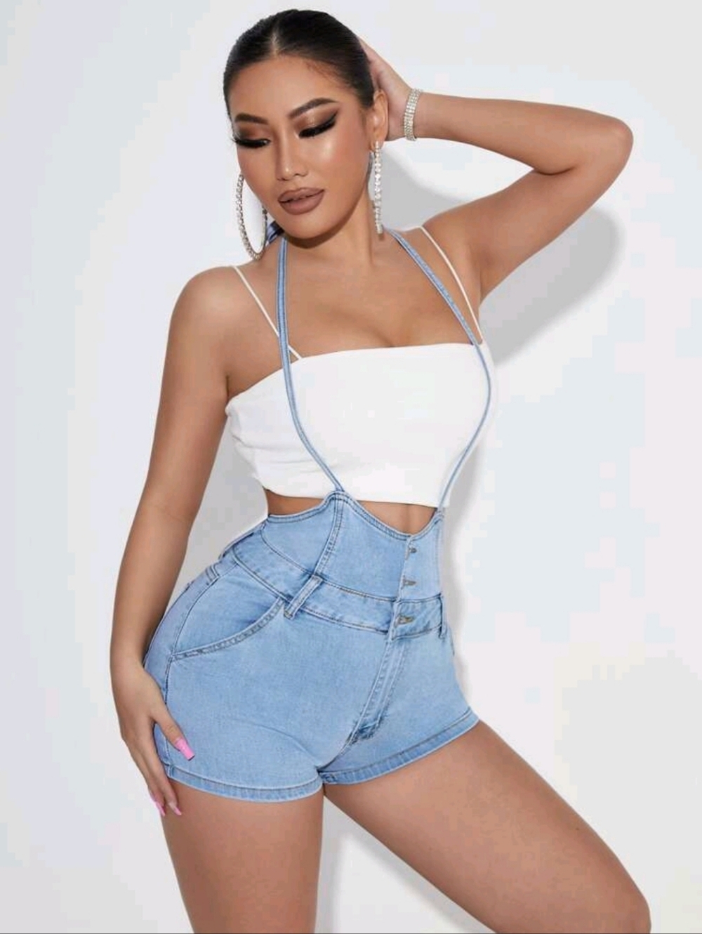 Light Wash Denim Suspender High-Waist Shorts